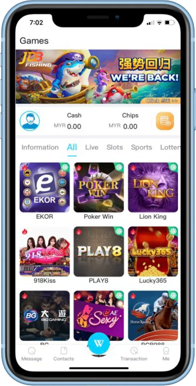 WINBOX mobile App showing the game library