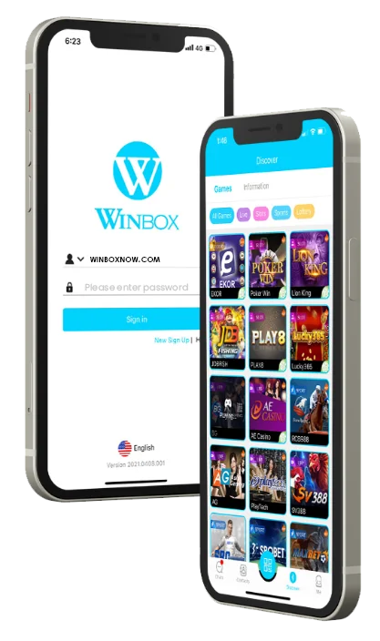 WINBOX mobile app displayed on two smartphones