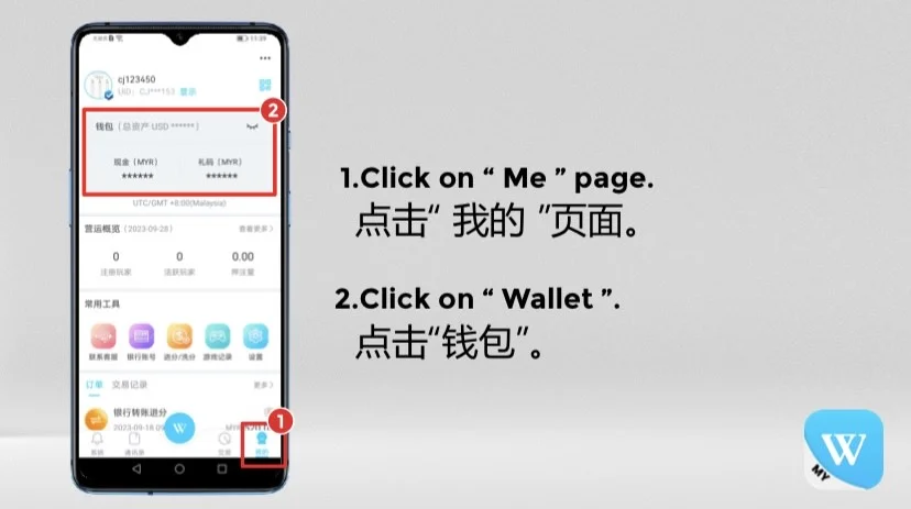 Steps 1 and 2: open Me and the WINBOX wallet