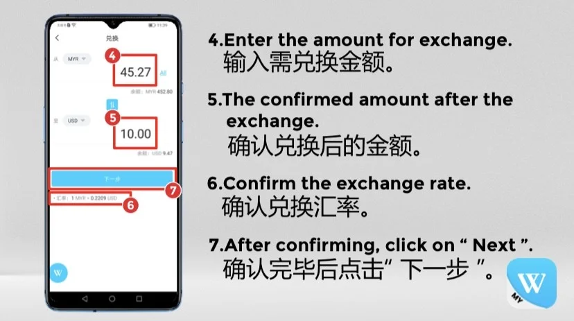 Steps 4 to 7: enter the amount, review the result and rate, then click Next