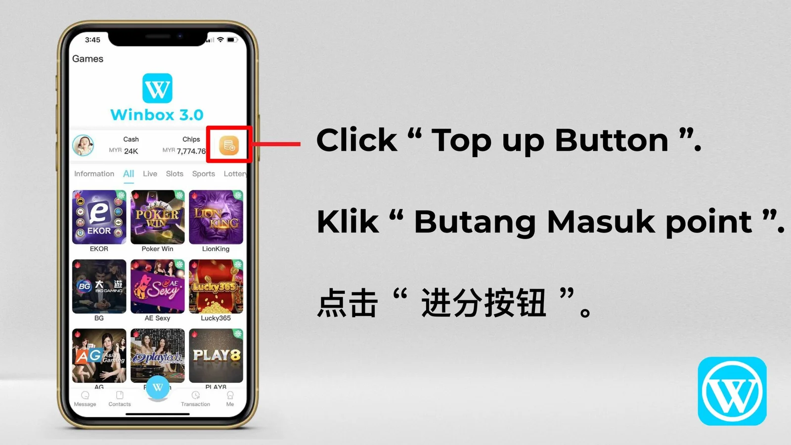 WINBOX Instant Top Up tutorial screen 2 of 9