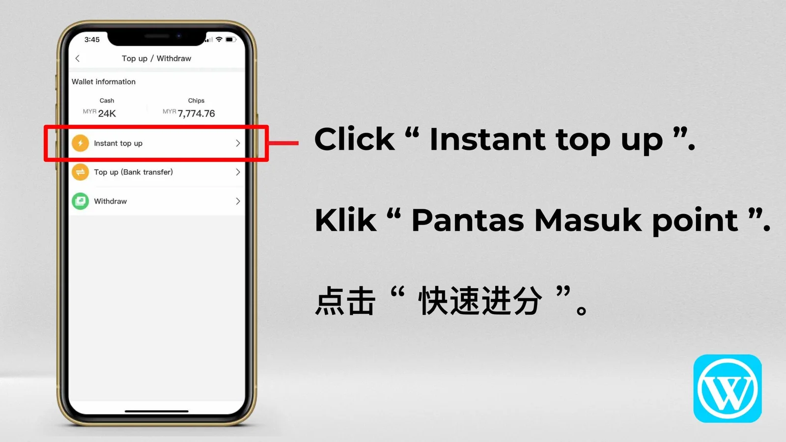 WINBOX Instant Top Up tutorial screen 3 of 9